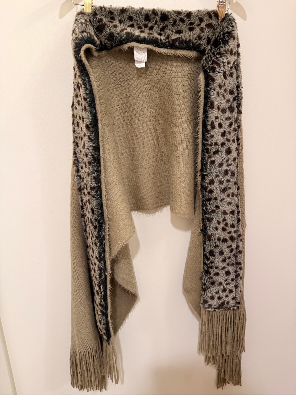 Northern Angel Leopard Trim Taupe Open-Front Women's Sweater Wrap Size S/M